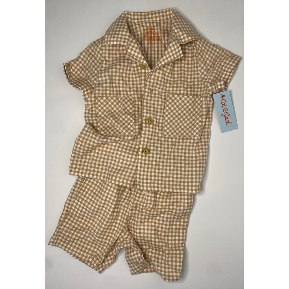Tan Gingham toddler boy short-sleeve button-down shirt & matching shorts set  2T